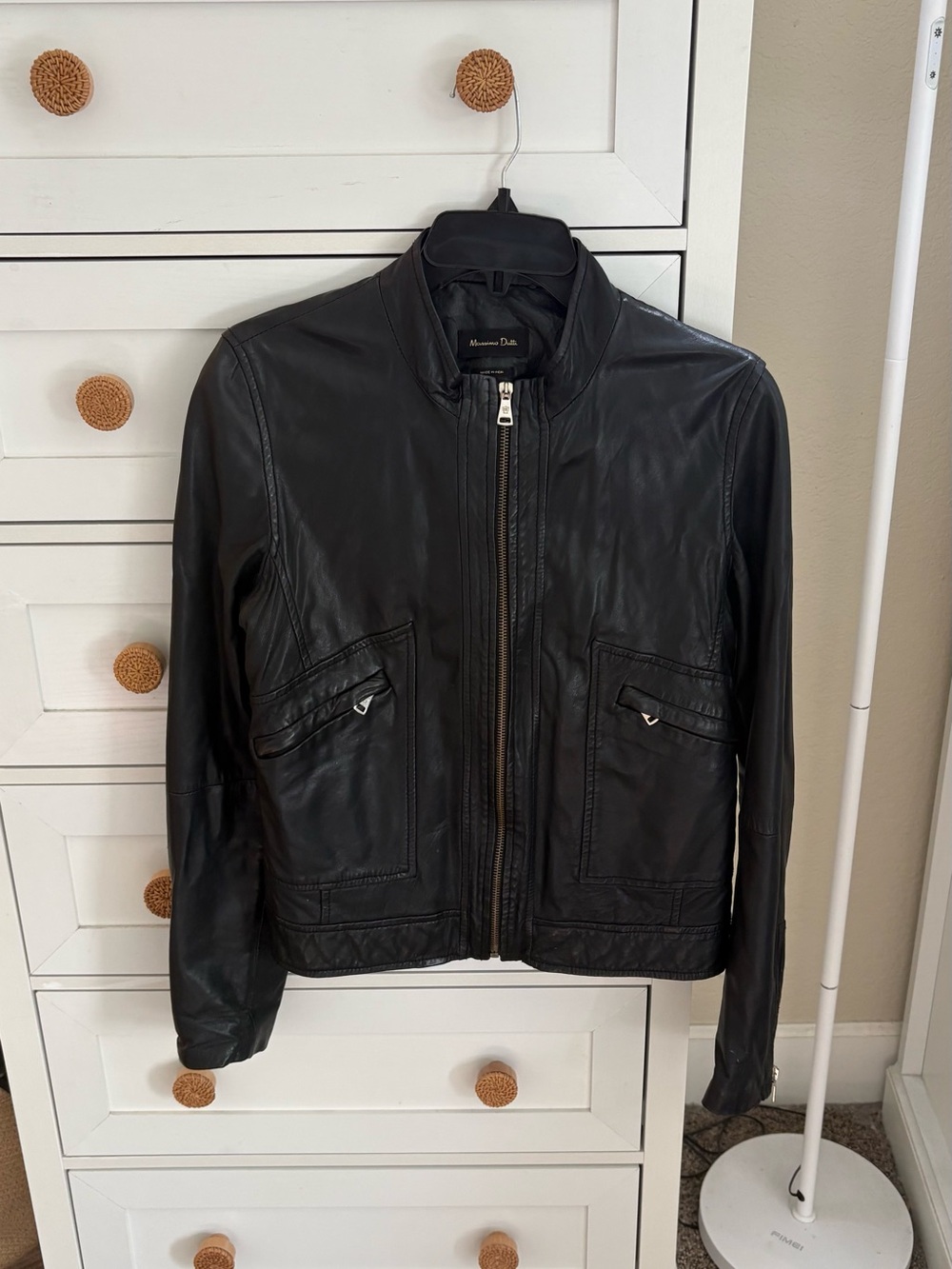 Massimo Dutti Black Leather Bomber Jacket with Zip Pockets